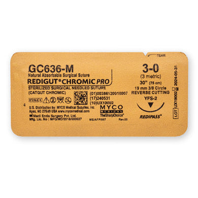 REDIGUT® CHROMIC PRO STERILIZED SURGICAL NEEDLED SUTURE (CATGUT CHROMIC) 3-0 (3 metric) 30" (75 cm) 19 mm 3/8 Circle REVERSE CUTTING YFS-2